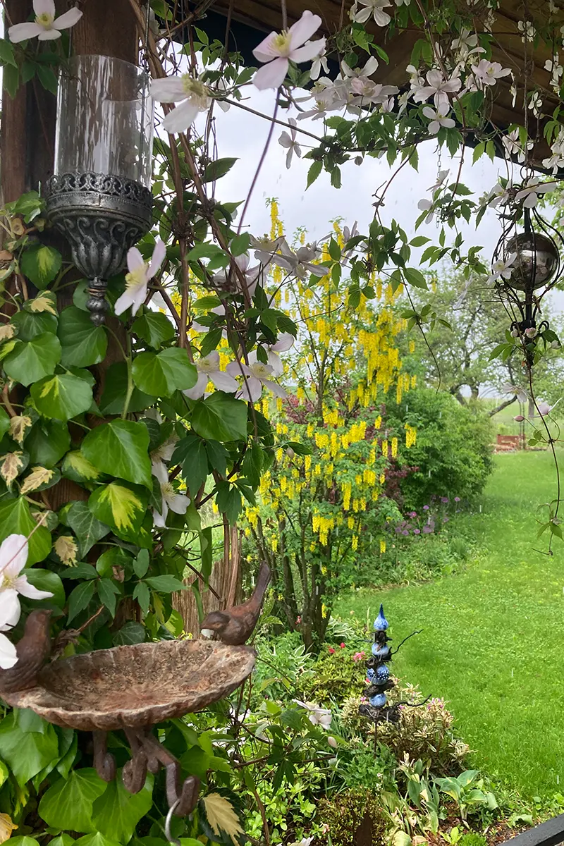 Close up in eine Gartenecke, die hübsch dekoriert ist, mit einem Vogelbad und Windlaternen. Man sieht bunte Pflanzen und üppiges grünes Gebüsch rundherum und etwas weiter weg
