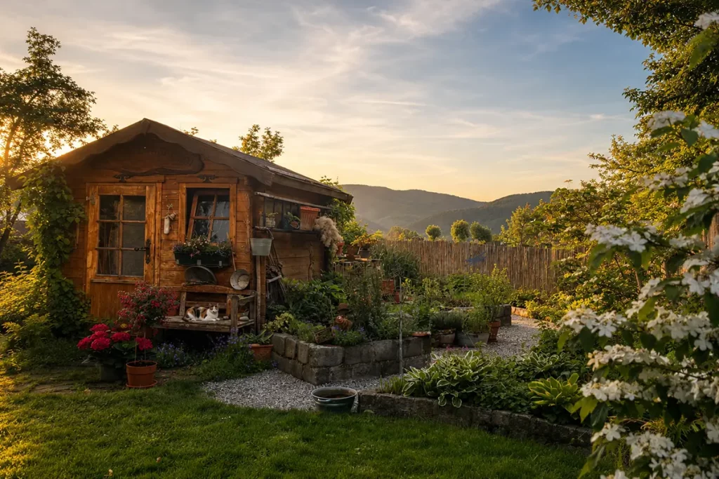 Ein schöner, blühender Garten, beim Sonnenuntergang, mit warmer Lichtstimmung. Links ein Gartenhaus aus Holz, auf einer Bank vor Hütte liegt eine Katze. Im Zentrum und rechts im Bild sieht man viele üppig blühende Pflanzen und grüne Sträucher.